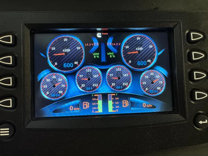  Yacht Photos Pics Dashboard display of a 2020 Prestige 420, showing various gauges and indicators.