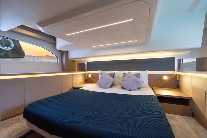  Yacht Photos Pics Luxurious cabin interior of 2020 Prestige 420 yacht with modern design and scenic window view.