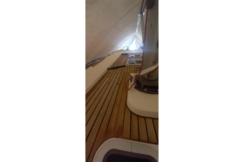  Yacht Photos Pics Interior view of 2010 Dufour 45E Performance sailboat with wooden deck.