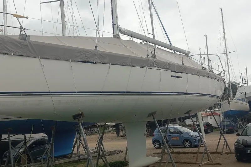  Yacht Photos Pics 2010 Dufour 45E Performance sailboat on stands in a boatyard.