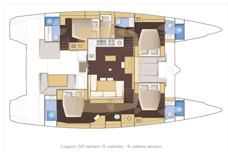 Chicago Yacht Photos Pics Floor plan of 2020 Lagoon 52 F catamaran with five cabins and bathrooms.
