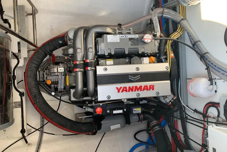 Chicago Yacht Photos Pics Engine room of 2020 Lagoon 52 F with Yanmar engine, detailed view.