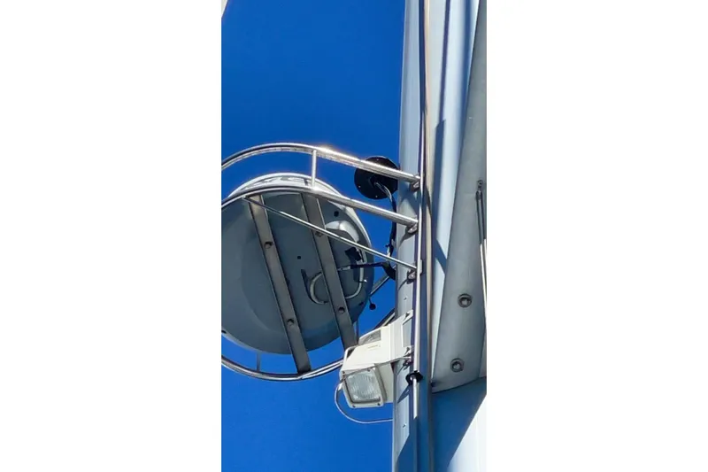 Chicago Yacht Photos Pics Radar equipment on a 2020 Lagoon 52 F yacht against a clear blue sky.