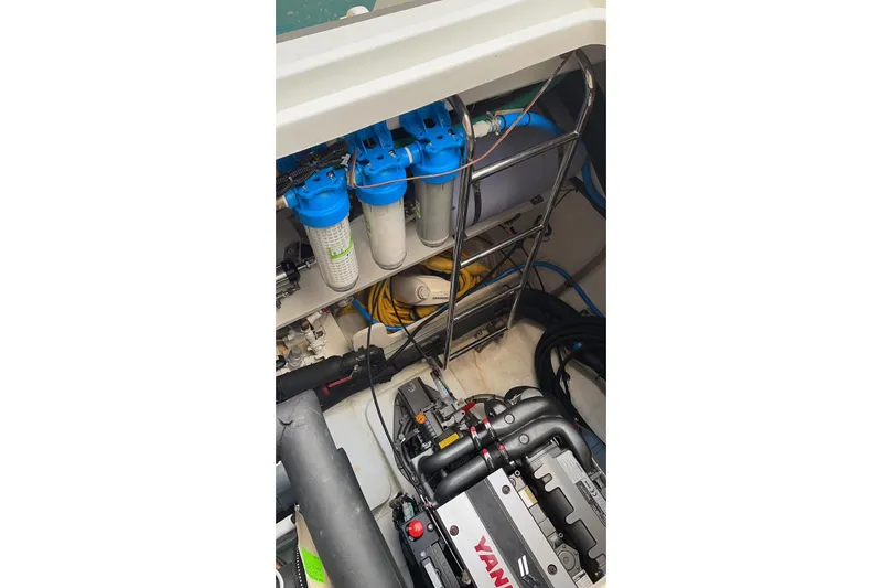 Chicago Yacht Photos Pics Engine room of 2020 Lagoon 52 F yacht with Yanmar engine and filtration system.