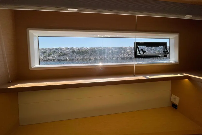 Chicago Yacht Photos Pics Interior view from a 2020 Lagoon 52 F yacht, showcasing a scenic window.