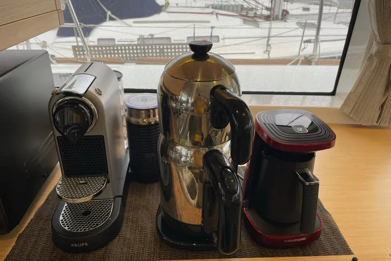 Chicago Yacht Photos Pics Coffee machines on a Lagoon 52 F yacht, 2020 model, with marina view.