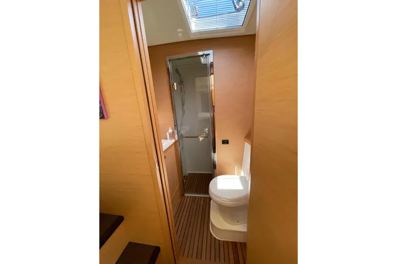 Chicago Yacht Photos Pics Luxurious bathroom interior of 2020 Lagoon 52 F yacht with modern fixtures.