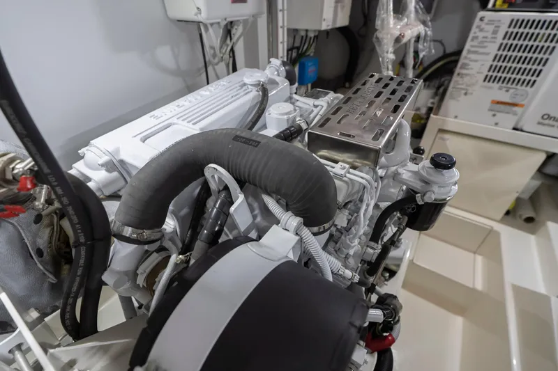  Yacht Photos Pics Engine room of 2024 Nordhavn 41 yacht, showcasing detailed mechanical components.