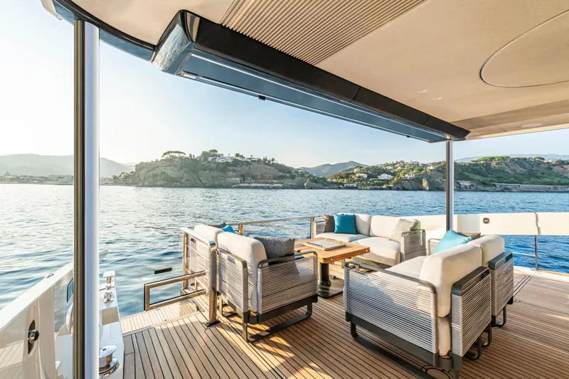  Yacht Photos Pics Luxurious deck of 2026 Absolute NAVETTA 70 yacht with scenic ocean view.