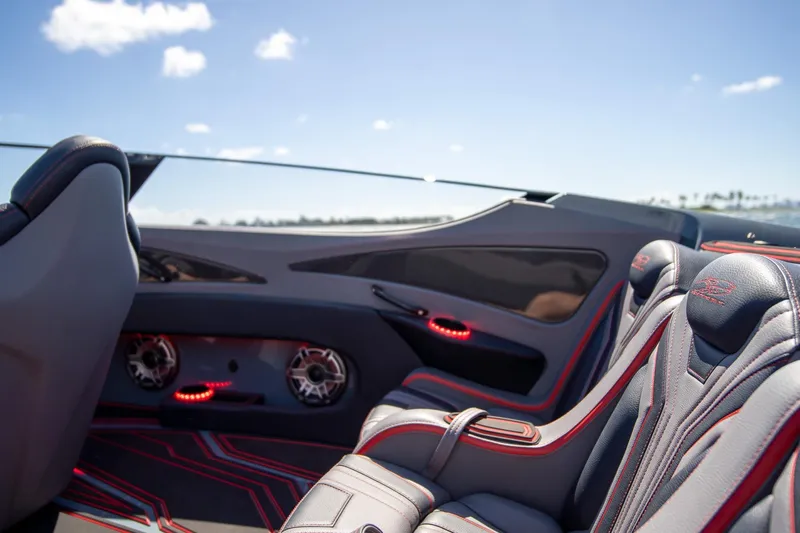  Yacht Photos Pics Luxurious interior of 2024 MTI 390X boat with sleek seats and modern design.