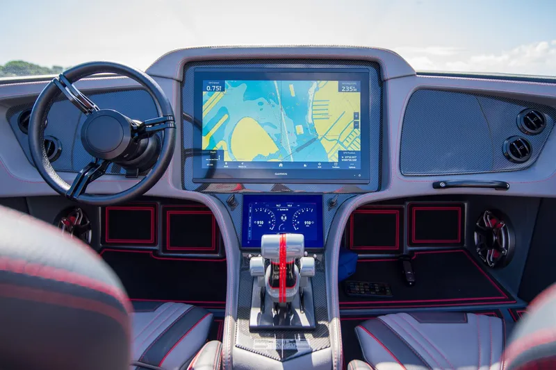  Yacht Photos Pics 2024 MTI 390X dashboard with advanced navigation display and sleek steering wheel design.