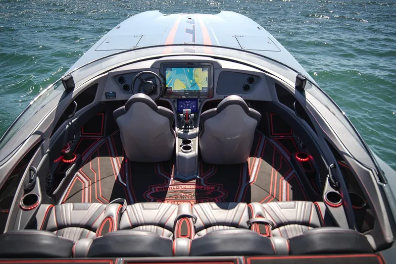  Yacht Photos Pics 2024 MTI 390X boat interior with advanced navigation system on open water.