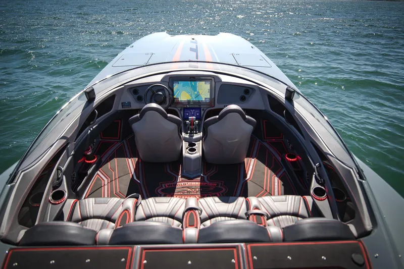  Yacht Photos Pics 2024 MTI 390X boat interior with advanced navigation system on open water.