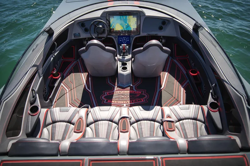  Yacht Photos Pics Luxurious 2024 MTI 390X boat interior with advanced navigation system and stylish seating.