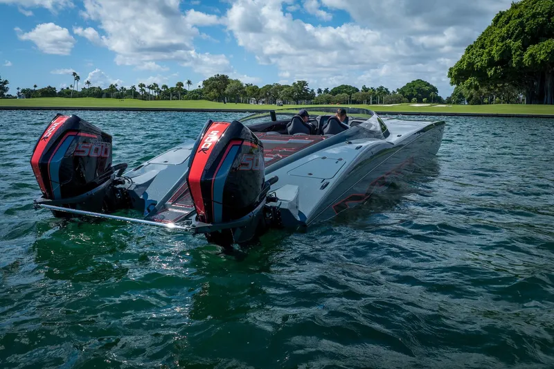  Yacht Photos Pics 2024 MTI 390X powerboat with dual engines on a sunny day.