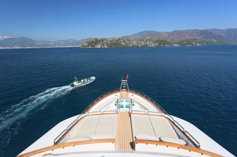 Forty Love Yacht Photos Pics Bow view of 2004 Westport Custom yacht cruising near scenic island and mountains.