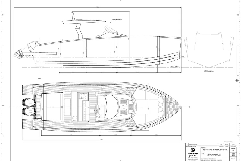 Mine Yacht Photos Pics Blueprint of 2022 Tesoro T38 Outboard boat, showcasing side and top views with detailed measurements.