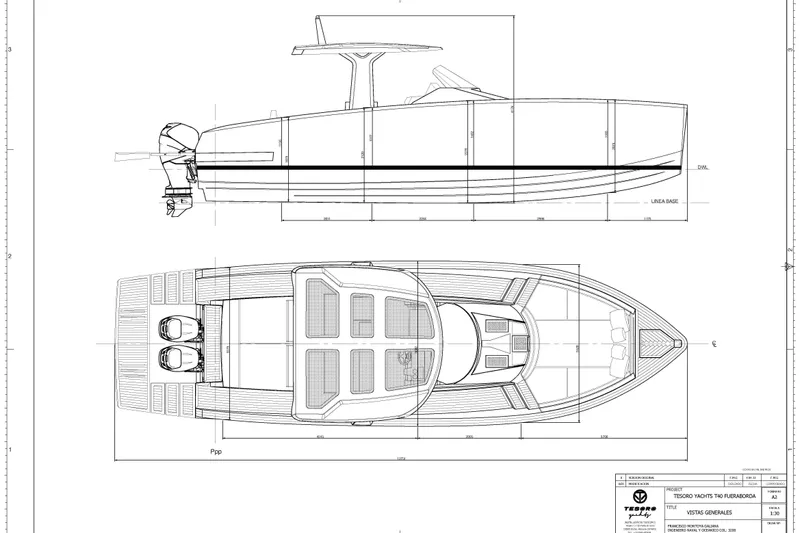Mine Yacht Photos Pics Blueprint of 2022 Tesoro T38 Outboard boat, showcasing side and top views.