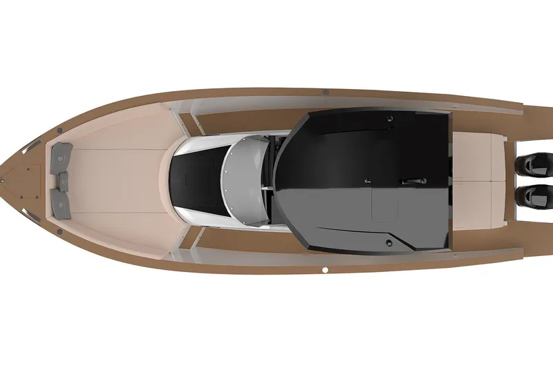 Mine Yacht Photos Pics Top view of 2022 Tesoro T38 Outboard boat, showcasing sleek design and spacious layout.