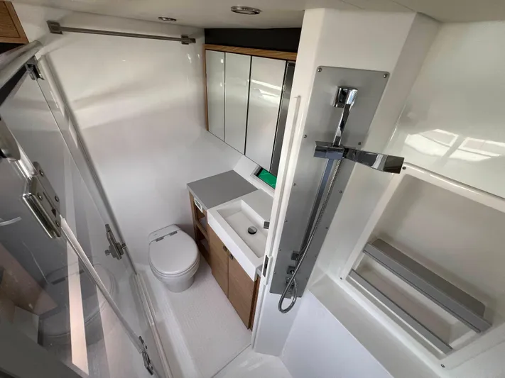 Levante Yacht Photos Pics Luxurious bathroom in 2022 Xquisite Yachts X5 PLUS, featuring modern fixtures and sleek design.
