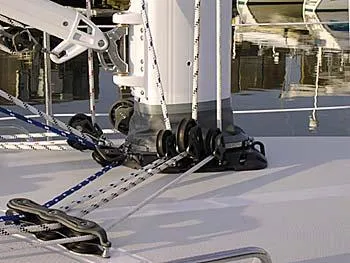 Midnight Yacht Photos Pics Close-up of 2005 Sabre 386 sailboat rigging and deck hardware.