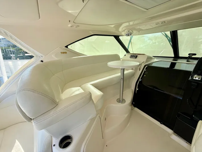  Yacht Photos Pics Interior of 2008 Tiara Yachts 3500 Sovran with white leather seating.