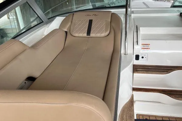  Yacht Photos Pics 2017 Sea Ray Sundancer 350 interior with beige seating and elegant design.