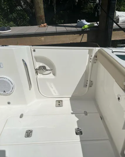  Yacht Photos Pics 2020 Pursuit DC 365 boat interior, featuring a clean, white deck and open hatch.