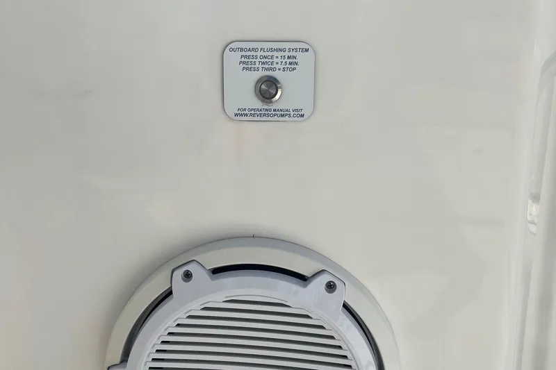 Yacht Photos Pics 2020 Pursuit DC 365 boat's onboard flushing system and speaker detail.