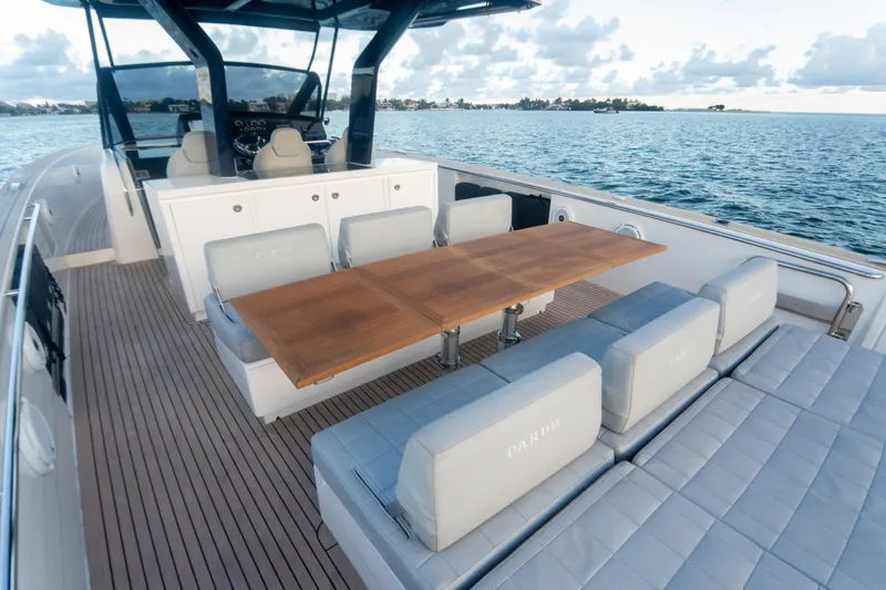 Katerina Yacht Photos Pics Luxurious 2021 Pardo Yachts 43 with elegant deck seating and ocean view.