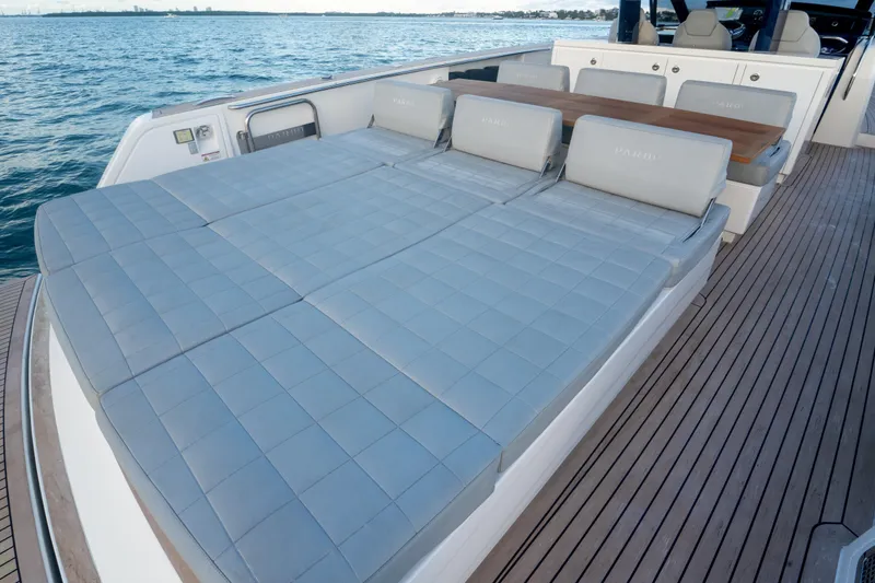 Katerina Yacht Photos Pics Luxury sunbathing area on 2021 Pardo Yachts 43, featuring spacious cushioned deck.