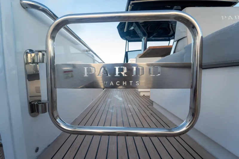 Katerina Yacht Photos Pics Stainless steel gate on 2021 Pardo Yachts 43, showcasing elegant deck design.