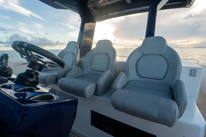 Katerina Yacht Photos Pics Luxury seating on 2021 Pardo Yachts 43, featuring sleek design and ocean view.