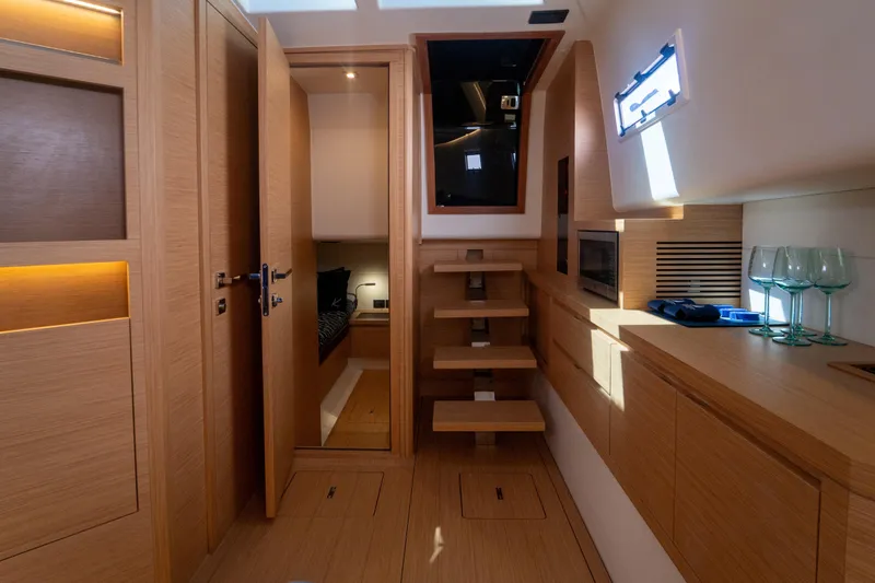 Katerina Yacht Photos Pics Luxurious interior of 2021 Pardo Yachts 43, featuring modern wood finishes and elegant design.