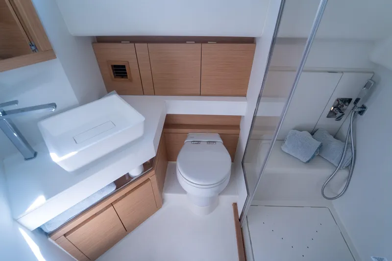 Katerina Yacht Photos Pics Luxurious bathroom in 2021 Pardo Yachts 43, featuring modern fixtures and shower.