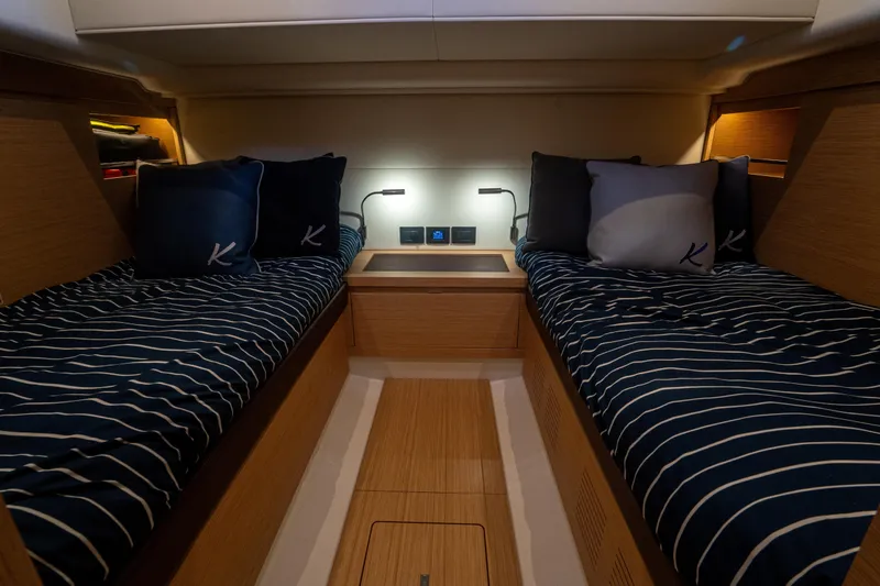 Katerina Yacht Photos Pics Interior cabin of 2021 Pardo Yachts 43 with twin beds and modern lighting.