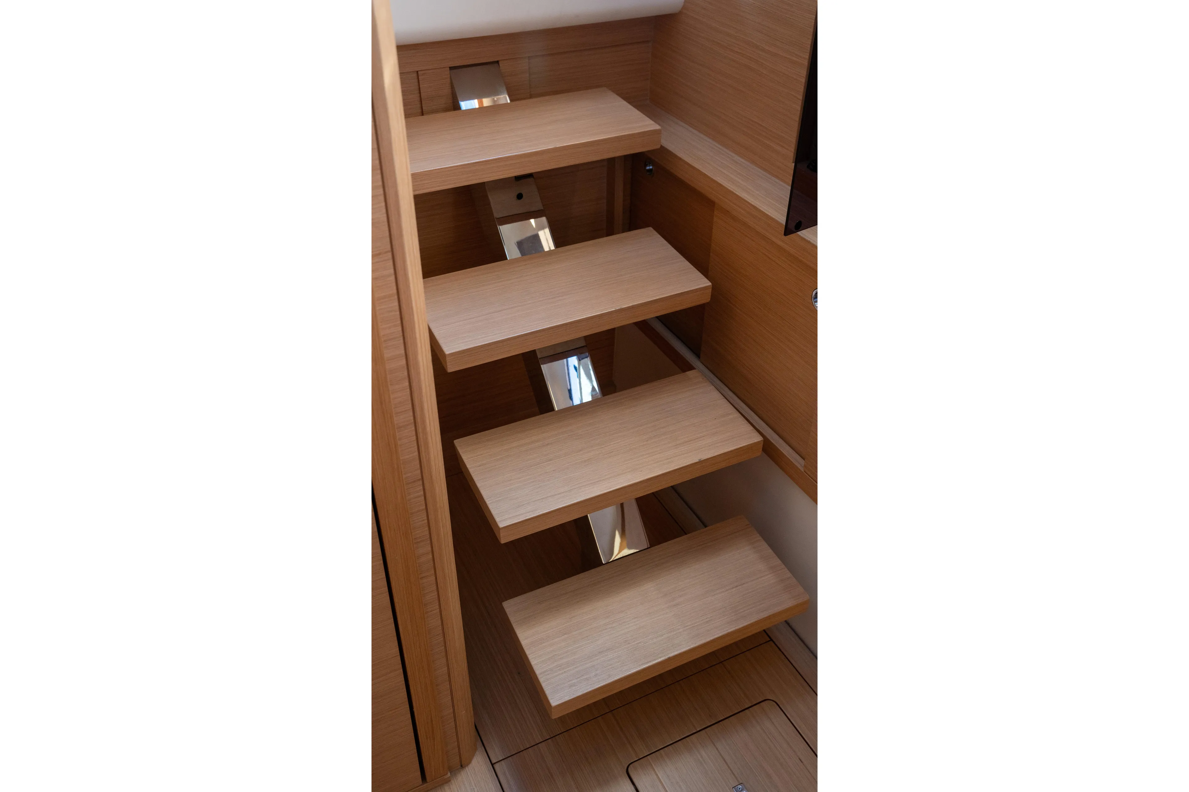 Katerina Yacht Photos Pics Wooden interior stairs of 2021 Pardo Yachts 43, showcasing modern design.