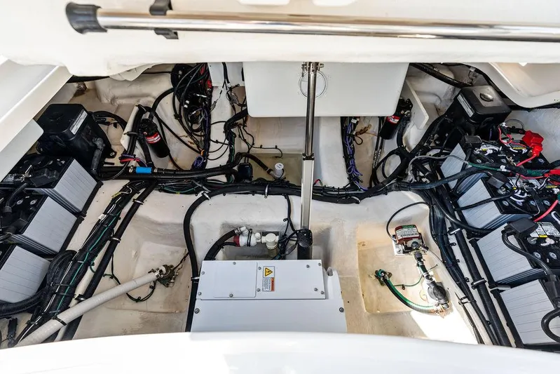  Yacht Photos Pics Engine compartment of a 2021 Sea Ray 350 SLX OB, showcasing wiring and components.