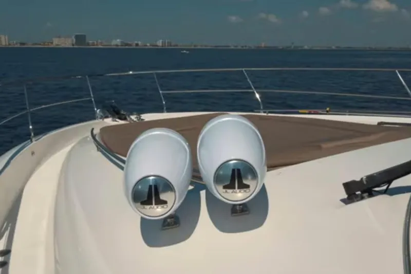  Yacht Photos Pics Prestige 550 S 2013 yacht deck with JL Audio speakers, ocean view.