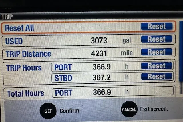  Yacht Photos Pics Dashboard display of a 2015 Jupiter 30 CC showing trip data and fuel usage.