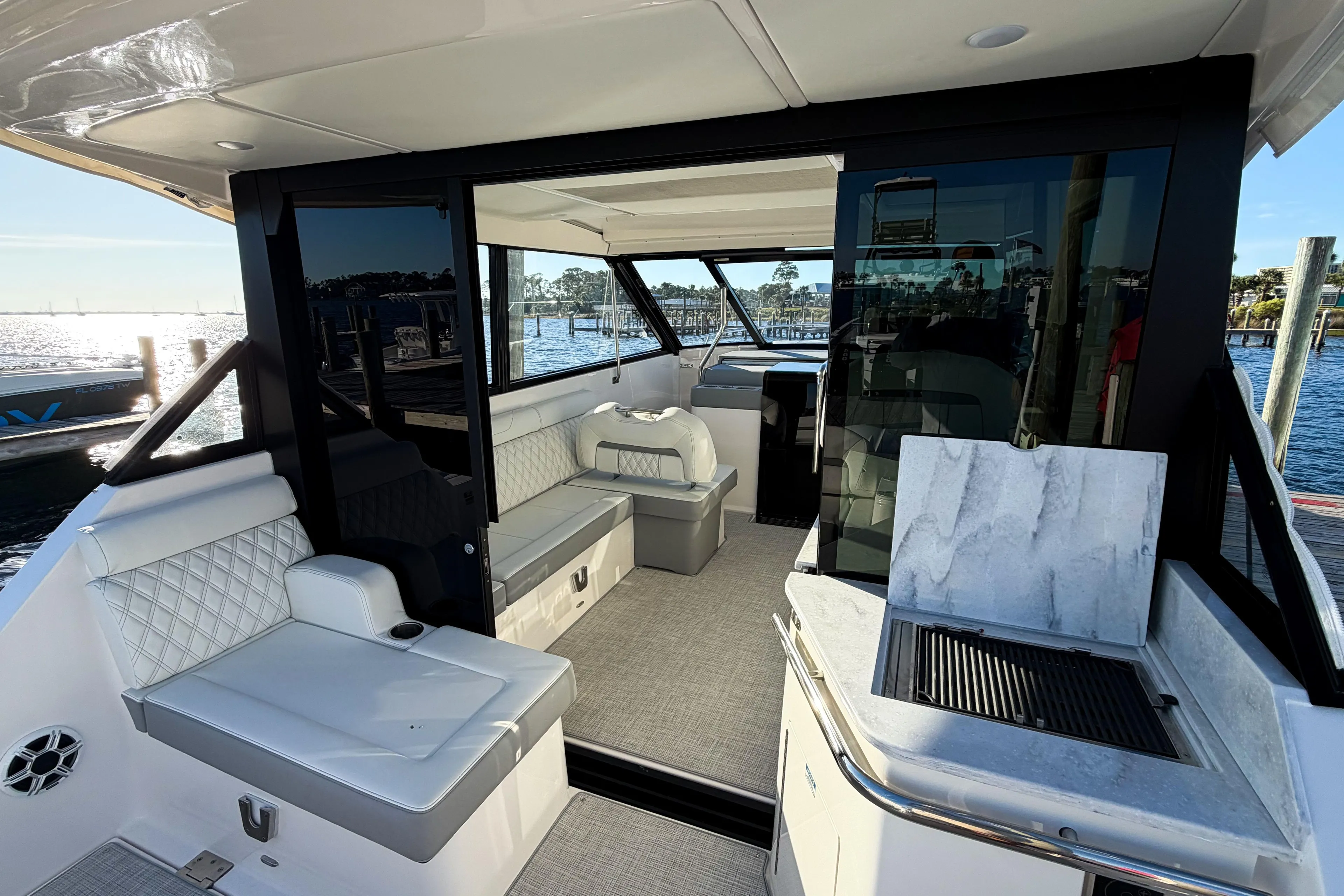2021 Regal 36 XO yacht interior with luxurious seating and modern amenities.