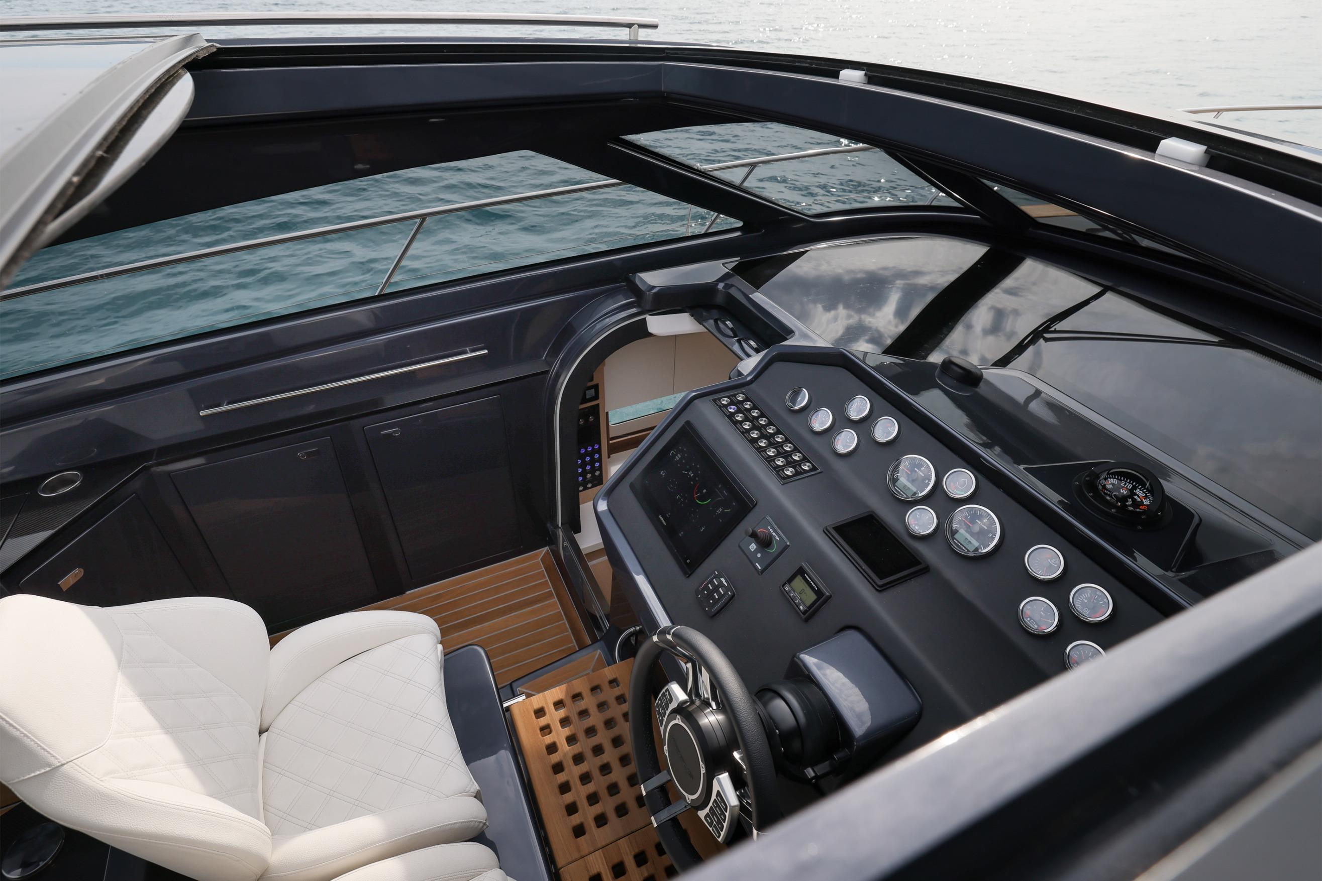 2024 Focus Power 44 yacht cockpit with modern controls and luxurious seating.