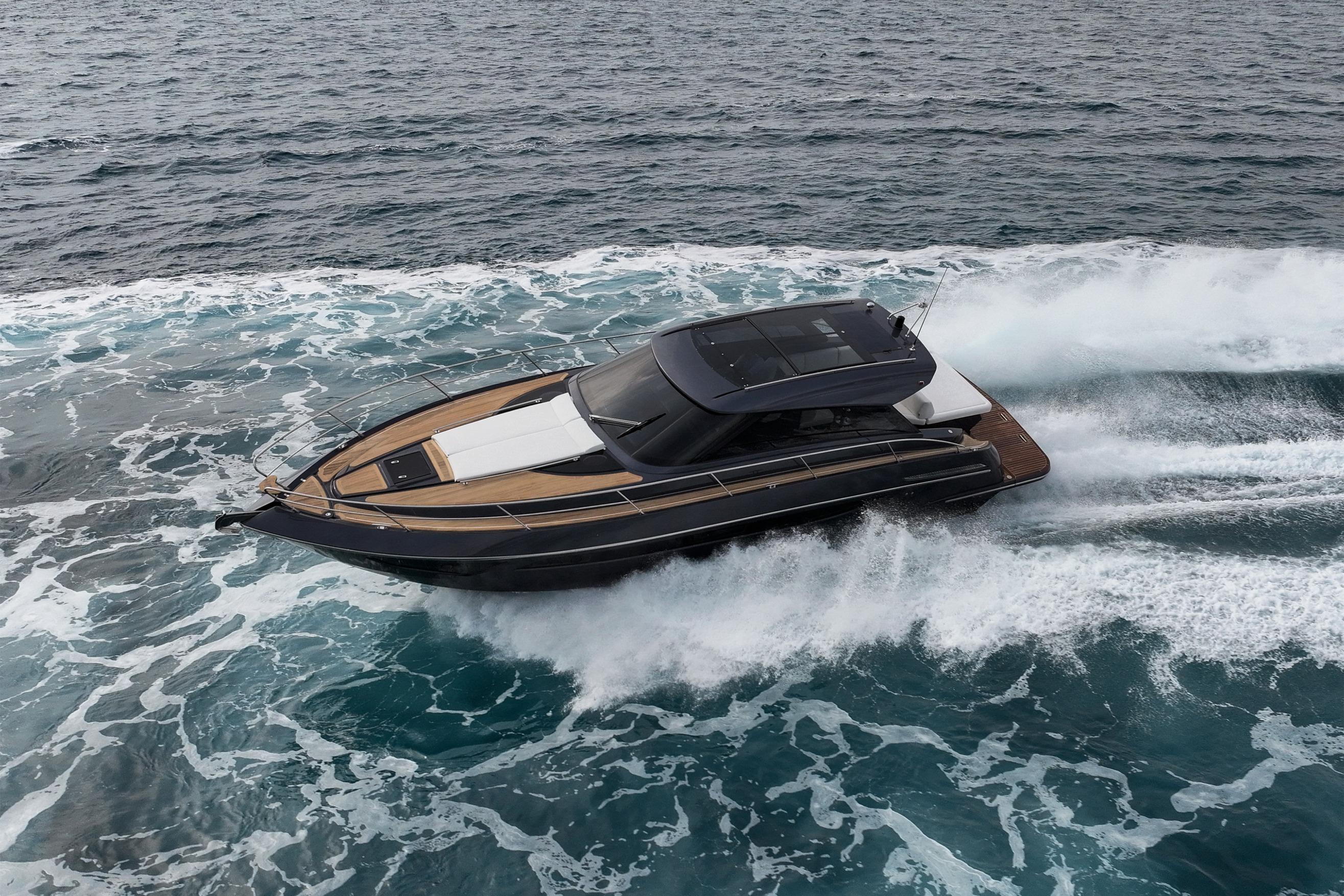 2024 Focus Power 44 yacht cruising swiftly on open sea waters.