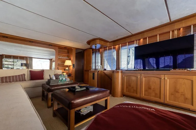 Yacht Photos Pics Luxurious interior of a 1986 Moonen 85 yacht with elegant wood finishes and modern amenities.