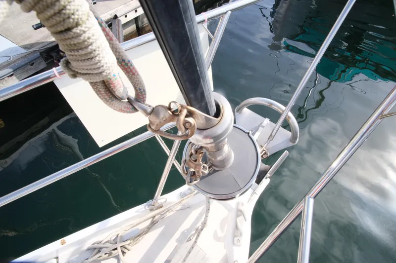 Blue Song Yacht Photos Pics Bow of 1984 Amel Maramu 45 sailboat with rigging details.