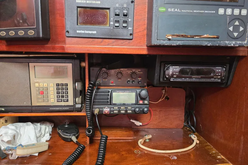 Blue Song Yacht Photos Pics Navigation and communication equipment on a 1984 Amel Maramu 45 sailboat.