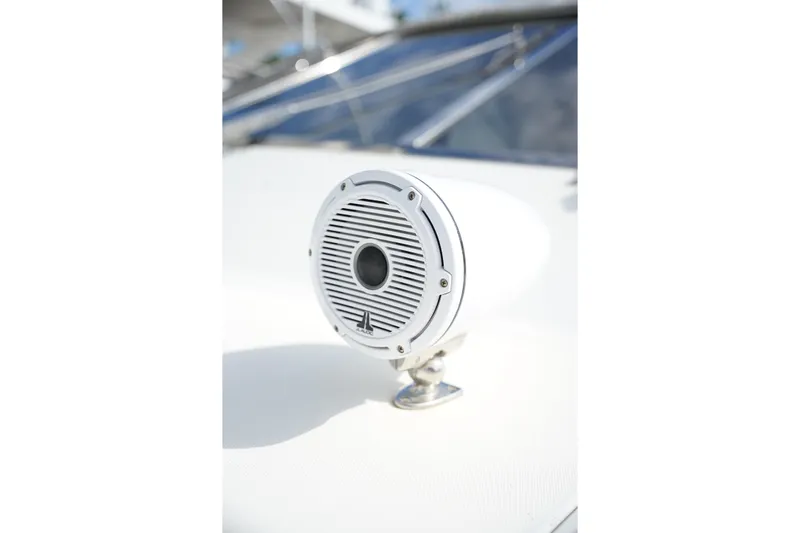  Yacht Photos Pics Close-up of a JL Audio marine speaker on a 1999 Mangusta 80 yacht.