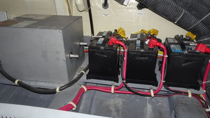 Sc Yacht Photos Pics Battery compartment of a 2018 Carver C34 Coupe with wiring and components.