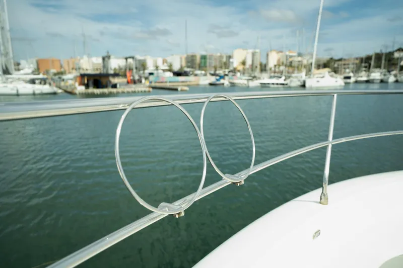  Yacht Photos Pics Prestige 550 yacht railing overlooking marina, 2014 model.