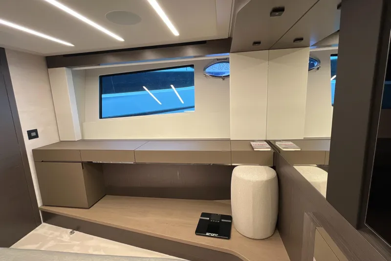  Yacht Photos Pics Luxurious interior of 2024 Pershing 8X yacht with modern design and sleek furnishings.